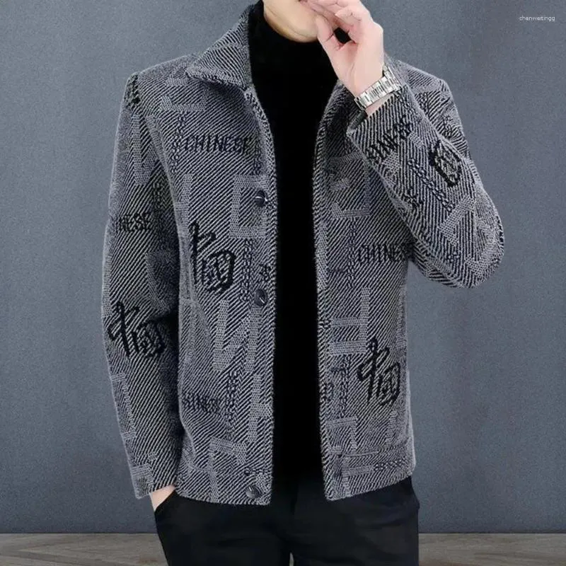 Men's Jackets Men Jacket Coat Chinese Print Fall Winter With Turn-down Collar Single-breasted Long Sleeve Cardigan For