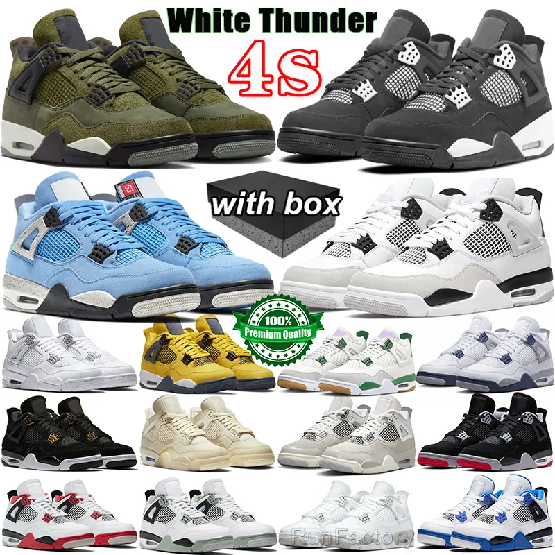 Jumpman 4 4s basketbalschoenen White Thunder Olive Frozen Moments Black Cat Sail Bred Cement Cool Grijs Blauw Rood Unc Royalty Heren Dames Sport Sneakers Groot formaat VS 13 14 15