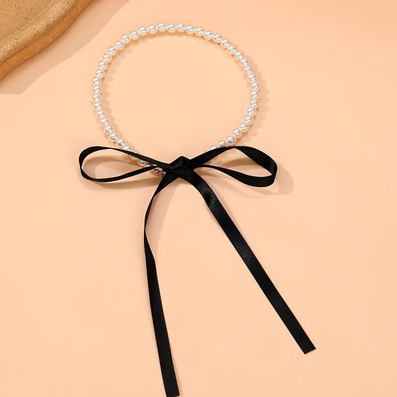 Goth Wedding Party Jewelry Long Black Ribbon Choker Necklace For Women Elegant White Imitation Pearl Beach Vacation Necklaces