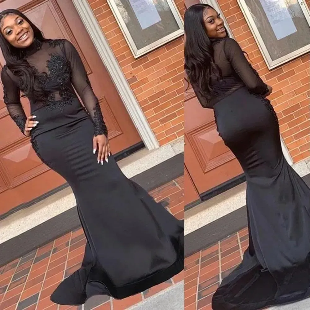 Black Mermaid Prom Dresses Lace Applique Long Sleeves Illusion Bodice Custom Made Plus Size Celebrity Party Ball Gown Formal Evening Wear Vestidos