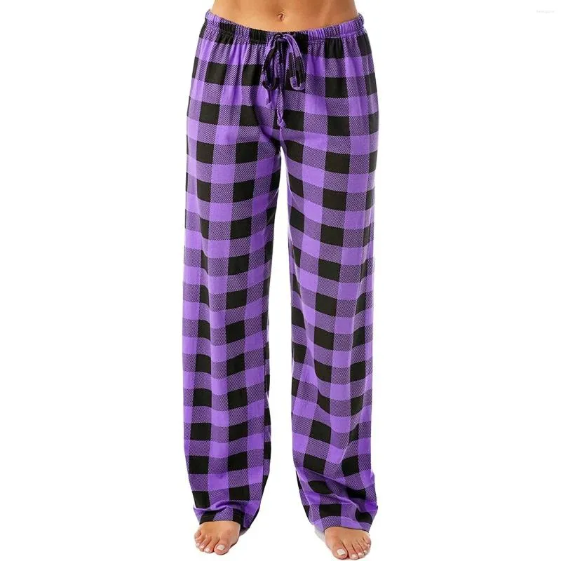 Women's Pants Lady Wide Leg Joggers Trousers 2024 Micro Elastic Plaid Printed Home Drawstring Waist Loose Pajama