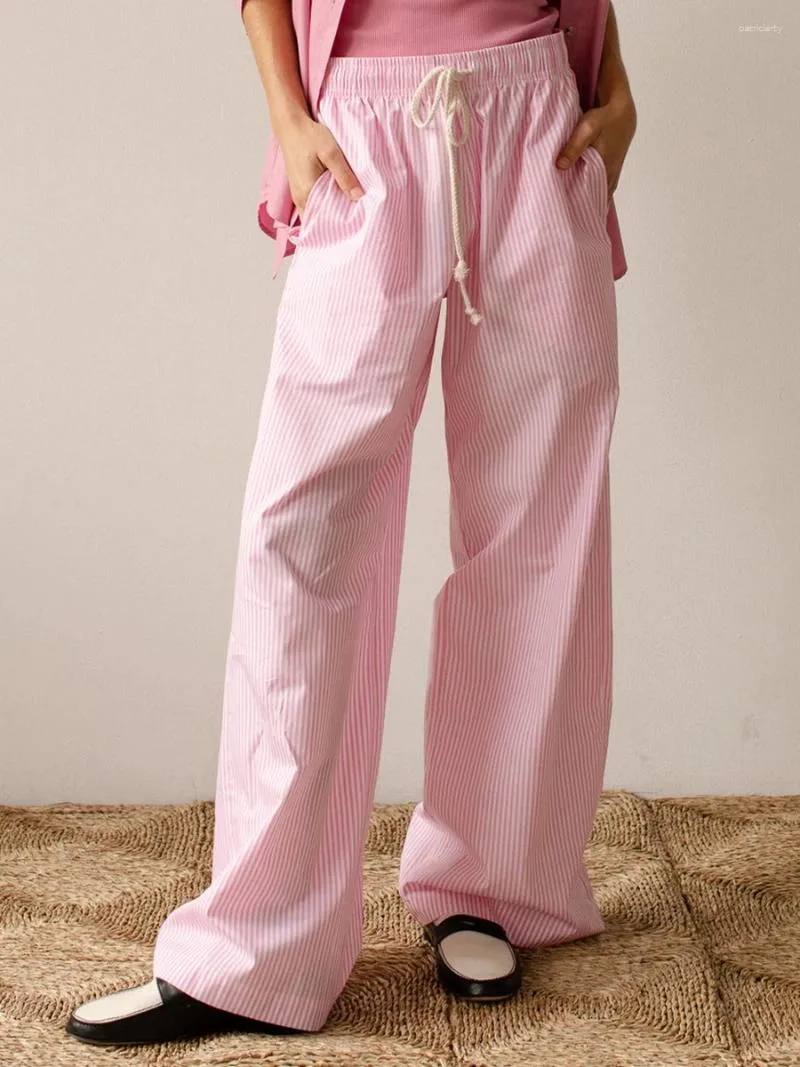 Pantalons pour femmes Femmes S Y2K Stripe Imprimer Jambe large Pantalon long Taille élastique Casual Loose Fit Lounge Pyjamas avec poches