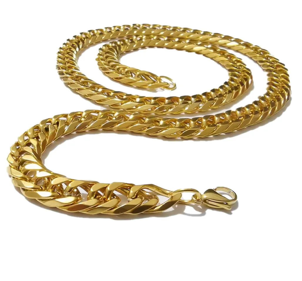 1840039039 11mm högkvalitativa smycken Mens Boy Pure Rostfritt stål Fashion Double Curb Link Chain Necklace Gold HipHop6490155