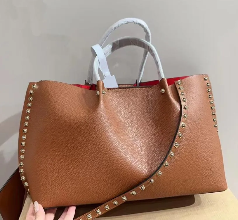 Sacs à bandoulière femmes shopping rivetS marron RockstudS sacs fourre-tout en cuir sac à bandoulière fourre-tout simple face véritable sac à main B2