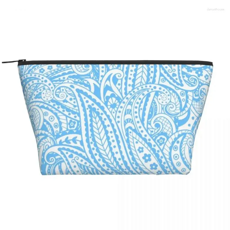 Sacos cosméticos bonito azul paisley trapezoidal portátil maquiagem saco de armazenamento diário para viagens jóias de higiene pessoal