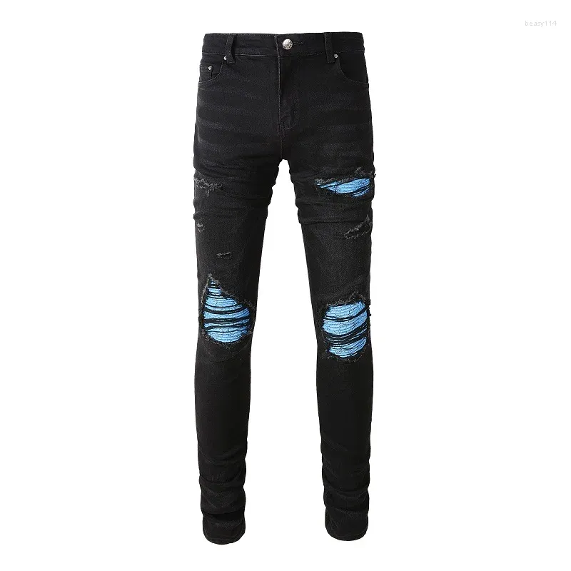 Herrenjeans eingetroffen Männer Steetwear-Stil Bandana Skinny Stretch mit Löchern Ripped Slim Fit Schwarz Blau High Street Distressed Patch