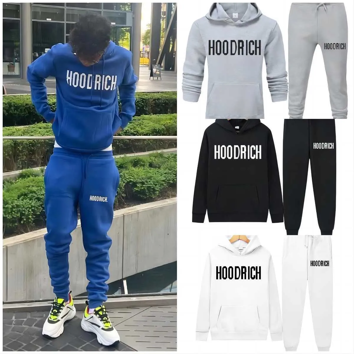 2023 Inverno Esportes Hoodie Para Homens Hoodrich Treino Carta Toalha Bordado Moletom De Inverno Com Capuz Para Homens Colorido Azul Sólido Conjunto De Suéter YM