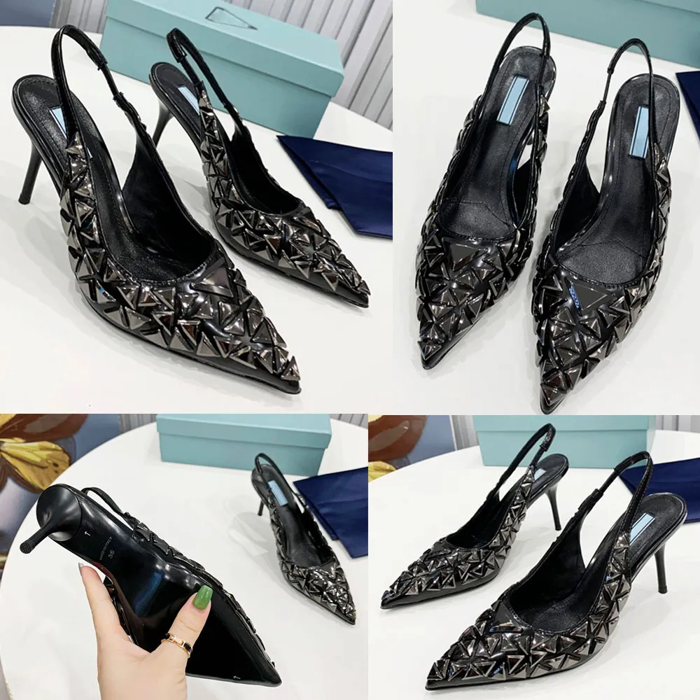 مصمم نسائي جديد High Heels Heels Heels Upper مع Triangle Decoration Celebrity Elegant Heel Party Evening High Heels Hight 8.5 عالية الجودة 35 42