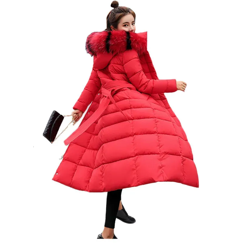 Winter Coat Women Red Loose Long Down Cotton Jackets Korean Fashion Slim Thick Warmth Päls huva Parkas Feminina N86 240106