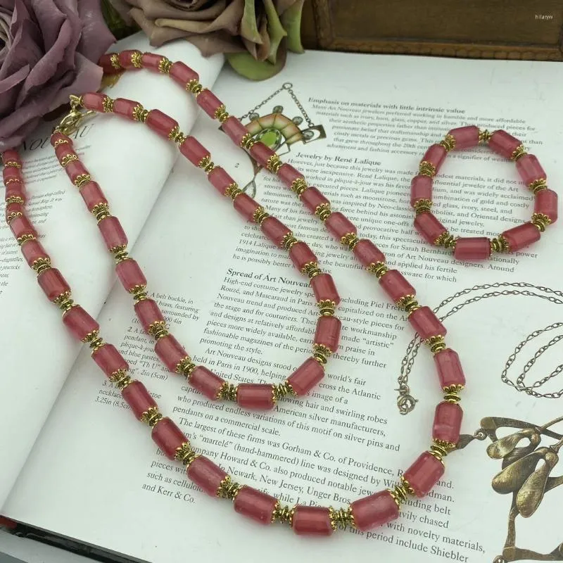 Halskette Ohrringe Set hochwertige Modemarke Schmuck Vintage rosa Perlen Glas Armband für Frauen