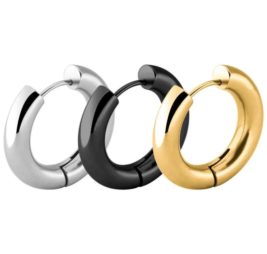 FashionMen Women Round Circle Pendientes Color Gold Black Titanium Steel Round 5mm Thick Handles Hoop Huggie Earring Jewelry2617428