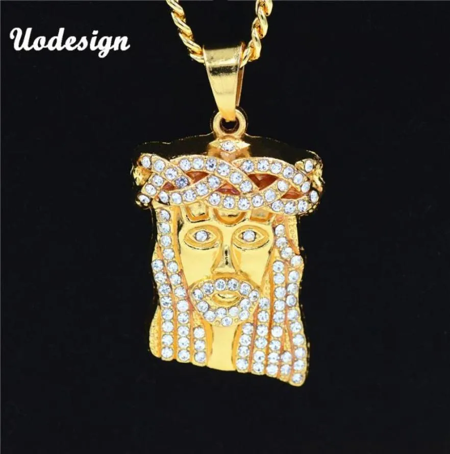 Colares Pingente Uodesign Hip Hop Iced Out Cristal Jesus Cristo Peça Cabeça Rosto Pingentes Corrente de Ouro Para Homens Jóias5876043