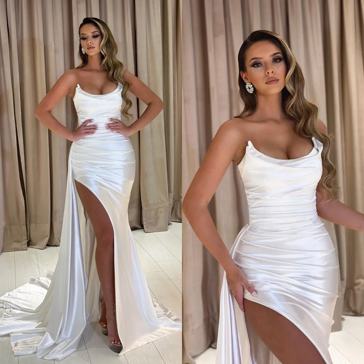 Strapless white Mermaid Prom Dresses thigh slit Evening Dress Pleats Formal Long Special Occasion Split backless Party dress