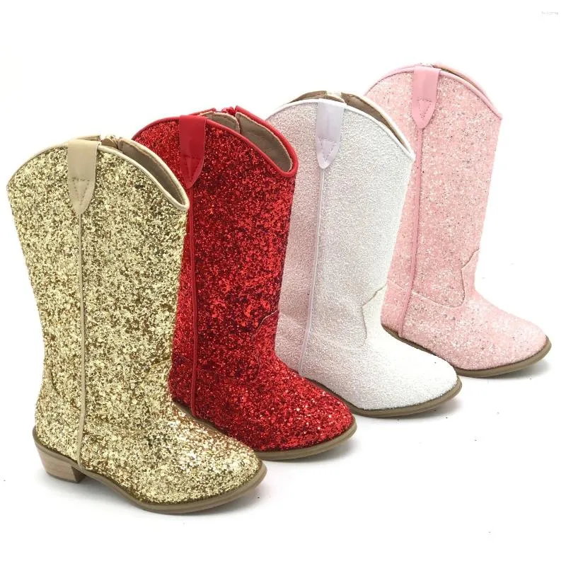 Boots Girls Knee High Cowboy Western Glitter Sequin Boot Autumn Winter Baby Toddler Kids Zipper Low Heel Pumps Children Shoes