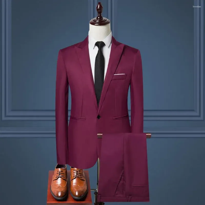 Men's Suits Men Pants Set Solid Color Business Workwear 2pcs Lapel Long Sleeve Slim Fit Mid-rise For Professional Style