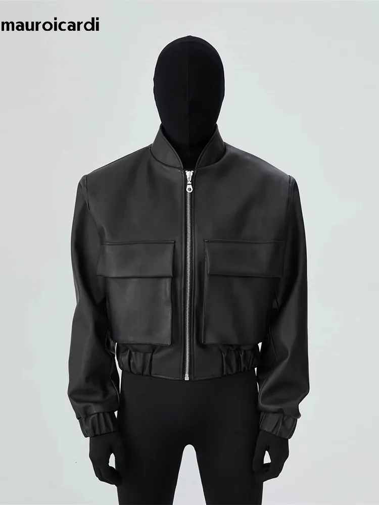 Mauroicardi primavera outono fresco curto solto preto duro couro do plutônio jaqueta bomber homens zíper bolsos roupas de grife luxo 240106