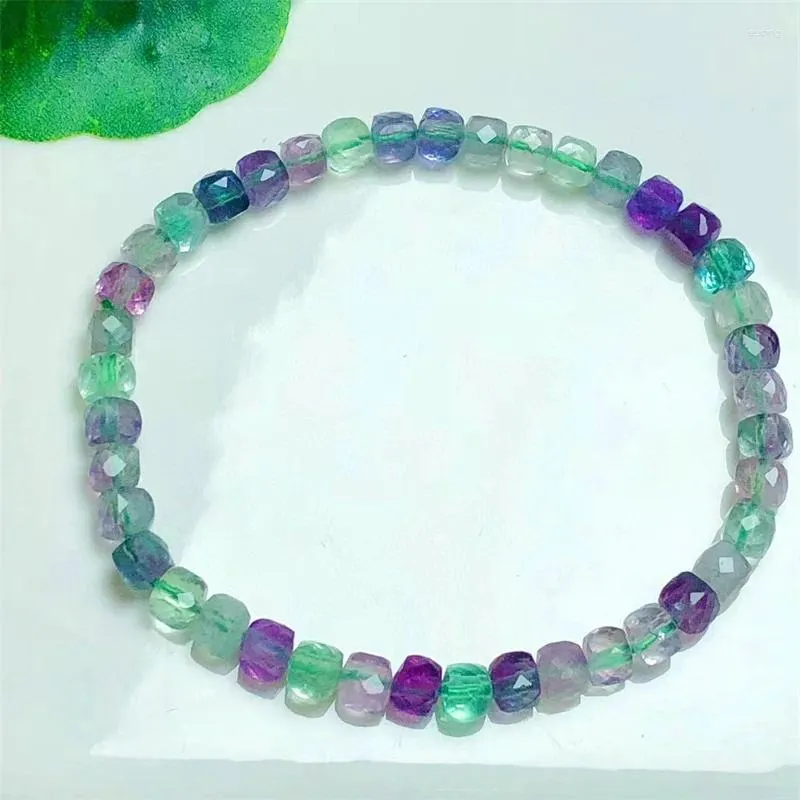 Link Bracelets 4mm Natural Fluorite Cube Bracelet Beads Strand Men And Women Charm Gem Healing Chakra Jewelry