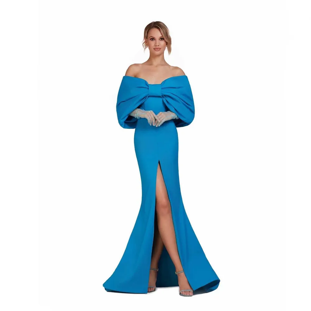 青い肩のイブニングドレスボウタイトッププリーツフォーマルガウンサイドスプリットサテンロングプロムドレス