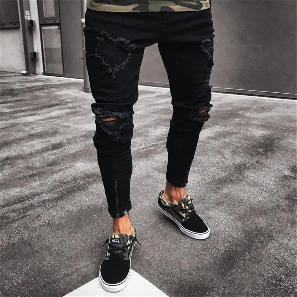 Plus Size S/3XL Mens Cool Designer Brand Black Jeans Skinny Ripped Destroyed Stretch Slim Fit Hip Hop Pants With Holes For Men 240106