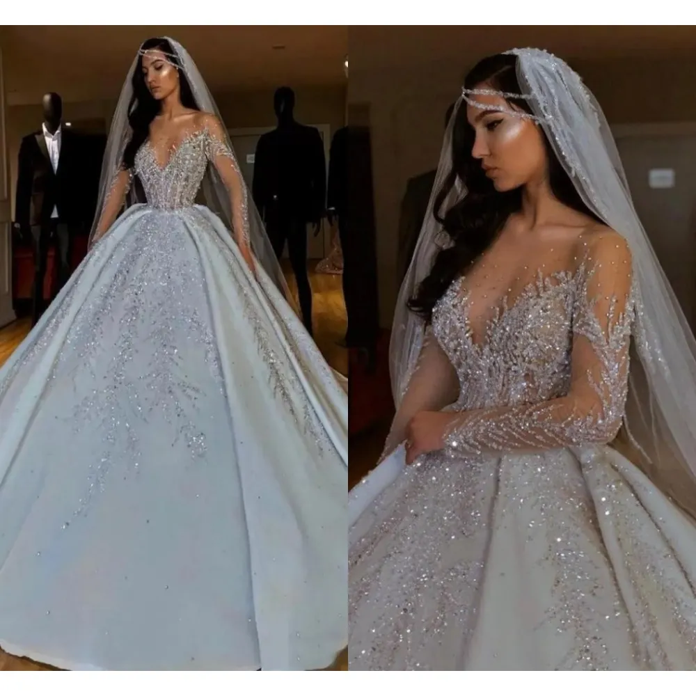 Stunningbride 2024 luxuosos cristais árabes lantejoulas vestidos de casamento vestido de baile sheer mangas compridas bling sparkly dubai jardim vestidos de noiva tribunal trem