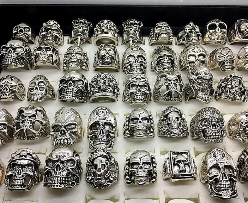 Men039S mode 50st. Lassor Top Mix Style Big Size Skull Carved Biker Silver Plated Rings Smycken Skeleton Ring8061709