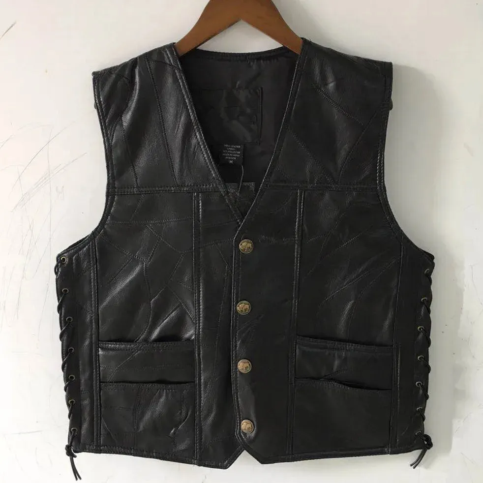 Gilet en cuir pour hommes, couture, col en v, mode peau de mouton, simple boutonnage, 2024, 240106