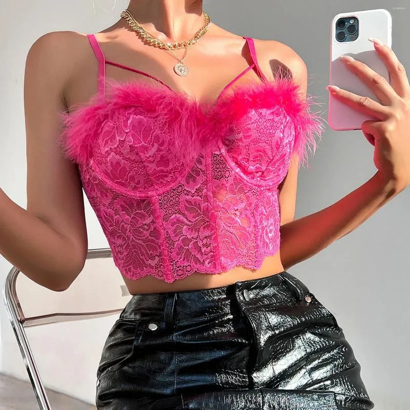 Women's Tanks Furry Tank Tops Womens Y2k Vest Pink Luxury Lace Romper Lingerie Fuzzy Leather Camisole Sexy Girls Blusa Corset Top Crop