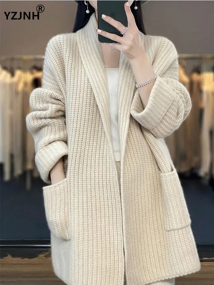 Yzjnh AutumnWinter luźne relaksowane leniwe styl solidny kolor kurtki sweter kardigan długoterminowy płaszcz Kobiety 240106