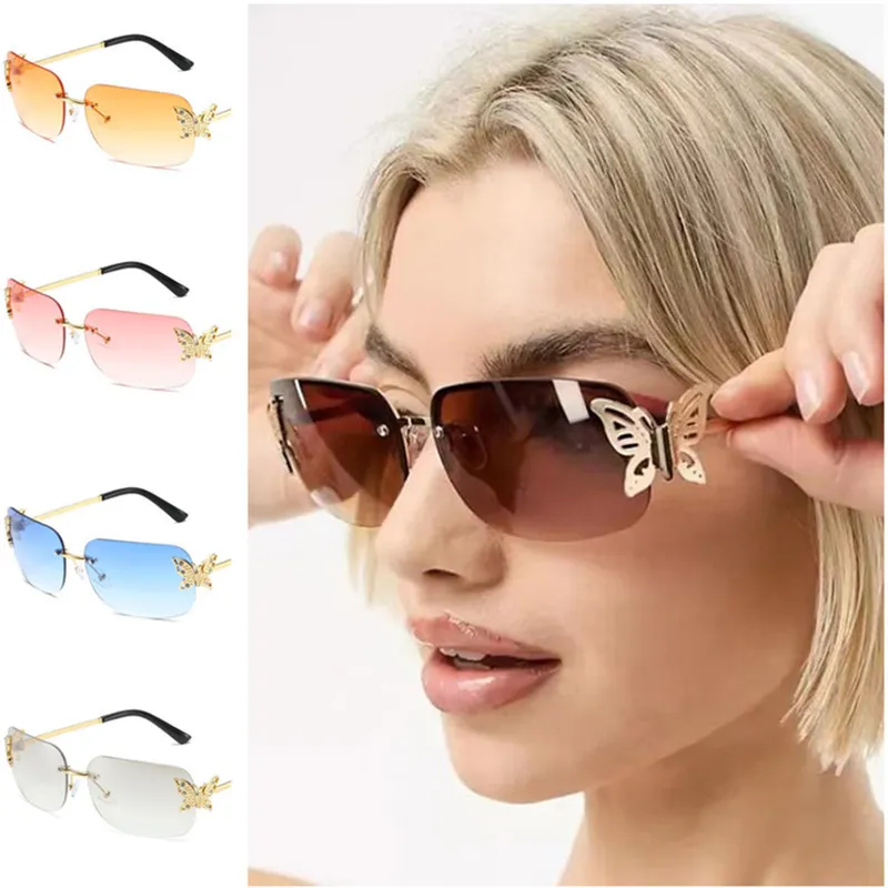 Nouvelles lunettes de soleil femmes sans monture lunettes de soleil personnalité papillon Anti-UV lunettes rectangulaires lunettes alliage temples ornementaux