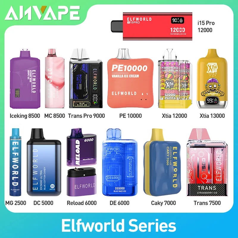 Caneta Vape descartável original da série Elfworld DC5K/DE6K/Trans7K/MC8K/Iceking9K/PE10K/I15Pro12K/Xtia13K Puffs Pods E Cigarro 0/2/3/5% Nic Mesh Coil Prefilled Pod Bar