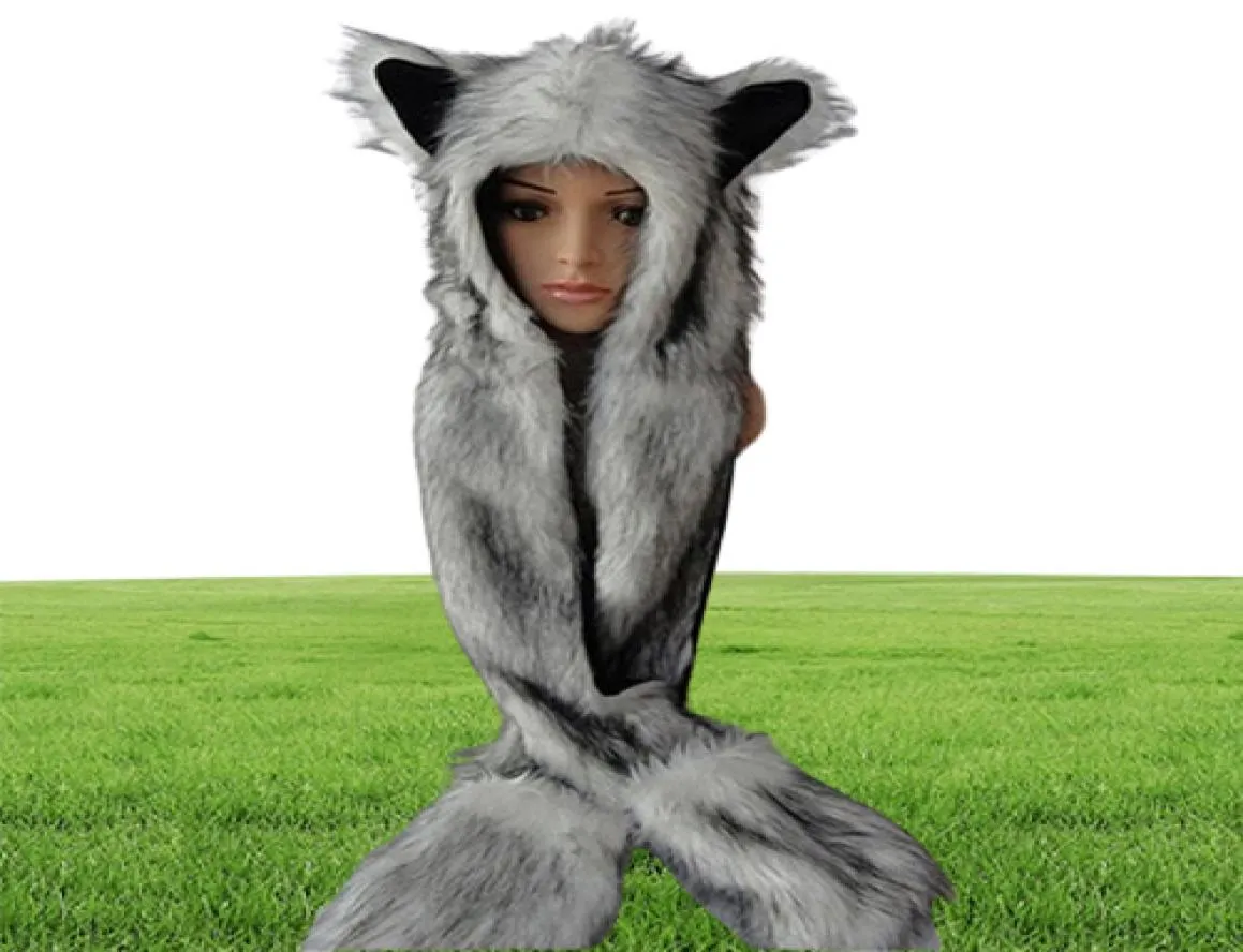 Moda mujer orejas de lobo patas piel sintética 3 en 1 sombrero bufanda mitones invierno cálido Cap4997764