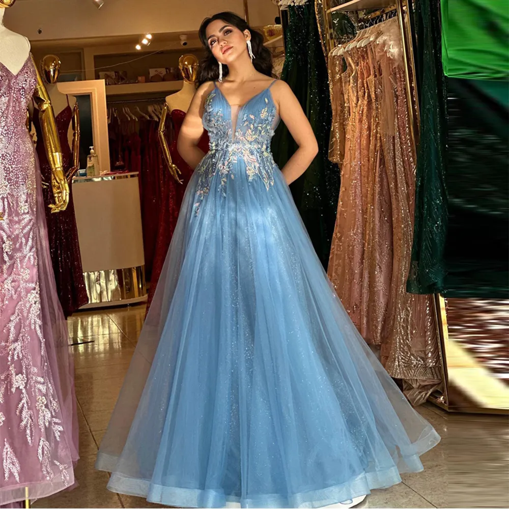 Chic Blue Spaghetti Strap Prom Dresses V Neck Glitter A Line Special Occasion Dress Lace Appliques Tulle vestidos de fiesta