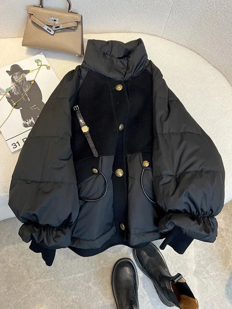 コットンパッド入りジャケットの女性カジュアルルーズブラックコート冬の特大の濃厚なパーカーレディファッションスーパースタンド240106