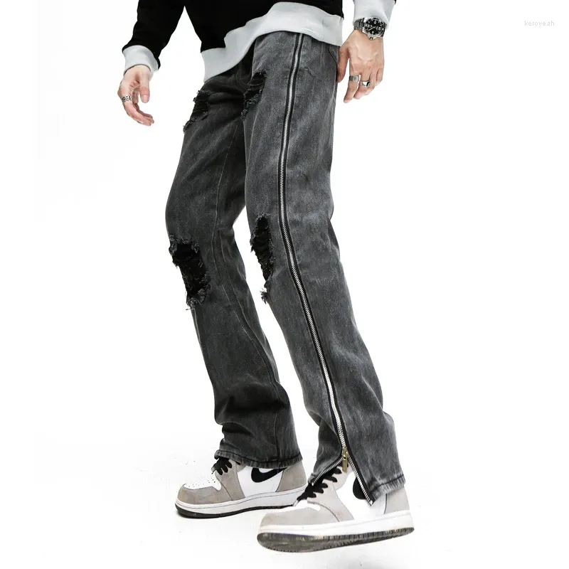 Men's Jeans Black Torn Side Zipper Spliced Denim Bottoms Damaged Washed Male Pants