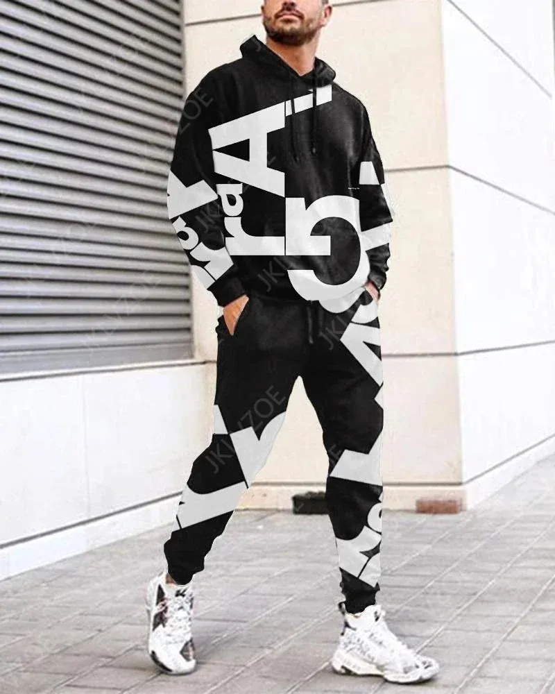 Hip Hop 3D Plaid Line Print Drukuj spodnie z kapturem Zestaw Fajny 2-częściowy męski/damski