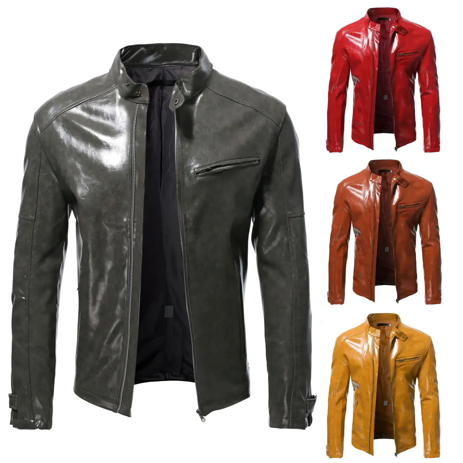 Men's Autumn Shiny Leather Jacket Fashion Self-cultivation Stand-up Collar Motorcycle Suit PU Handsome Short Top S-5XL 240106