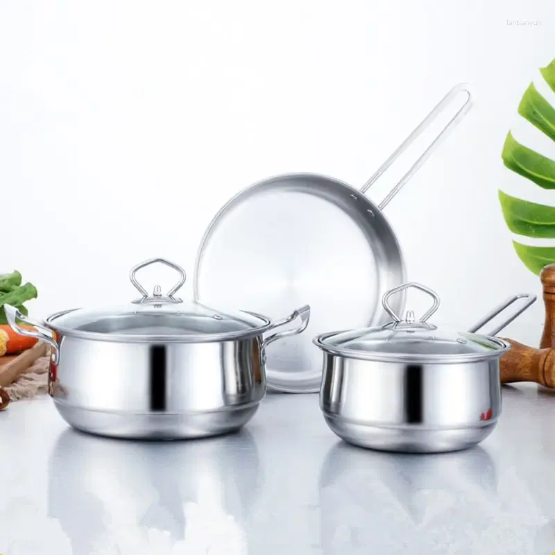 Cookware Sets 3pcs Stainless Steel Set Flat Bottom Frying Pan Soup Pot Milk Kit 667A