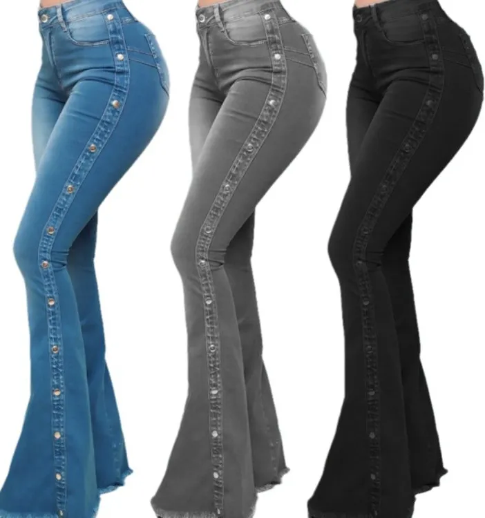Европейские и американские 2024 новые популярные эластичные джинсы с высокой талией и широкими рогами, женские брюки