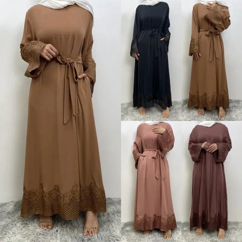Ropa étnica Moda Vestido de encaje Vestido Mujeres Musulmán Abaya Color Sólido Cuello redondo Manga larga con cinturón Árabe Kaftan