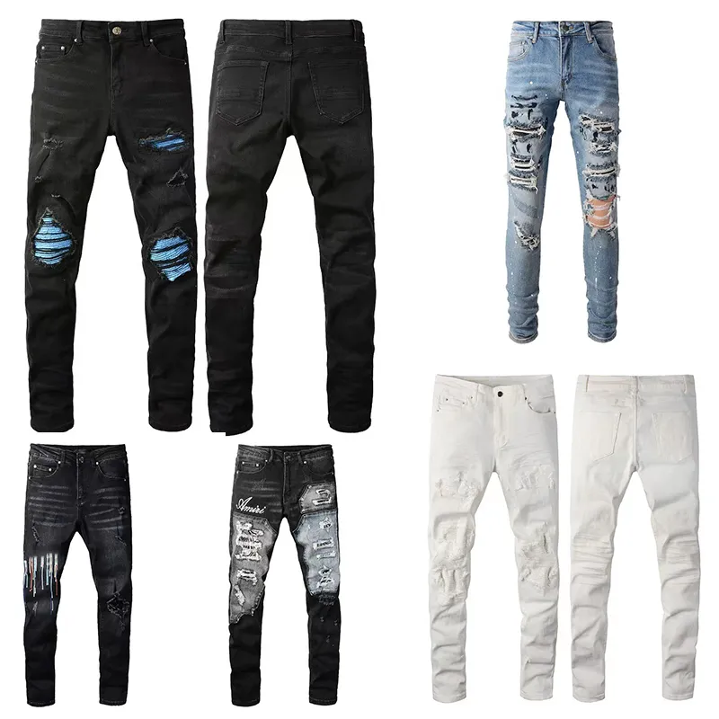 Designer Heren Witte Jeans Heren Jeans Geborduurd Mode Dames Trendy Geperforeerd Zwart Split Bike Slim Fit Motor Sportbroek