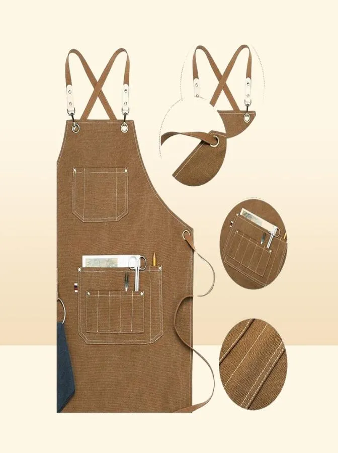 Schorten Keuken Heavy Duty Canvas Kapper Werk Unisex Kruisbanden Verstelbare Salon Kapper Bib PU Leer voor Mannen 2211223961108