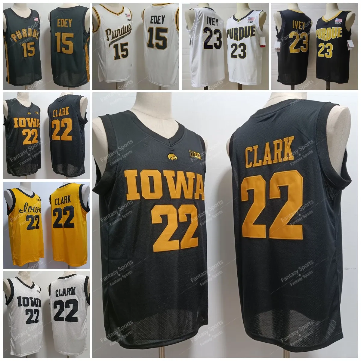Maglia da basket Iowa Hawkeyes 22 Caitlin Clark College Purdue Boilermakers 23 Jaden Ivey 15 Zach Edey Maglie da uomo bianche nere cucite