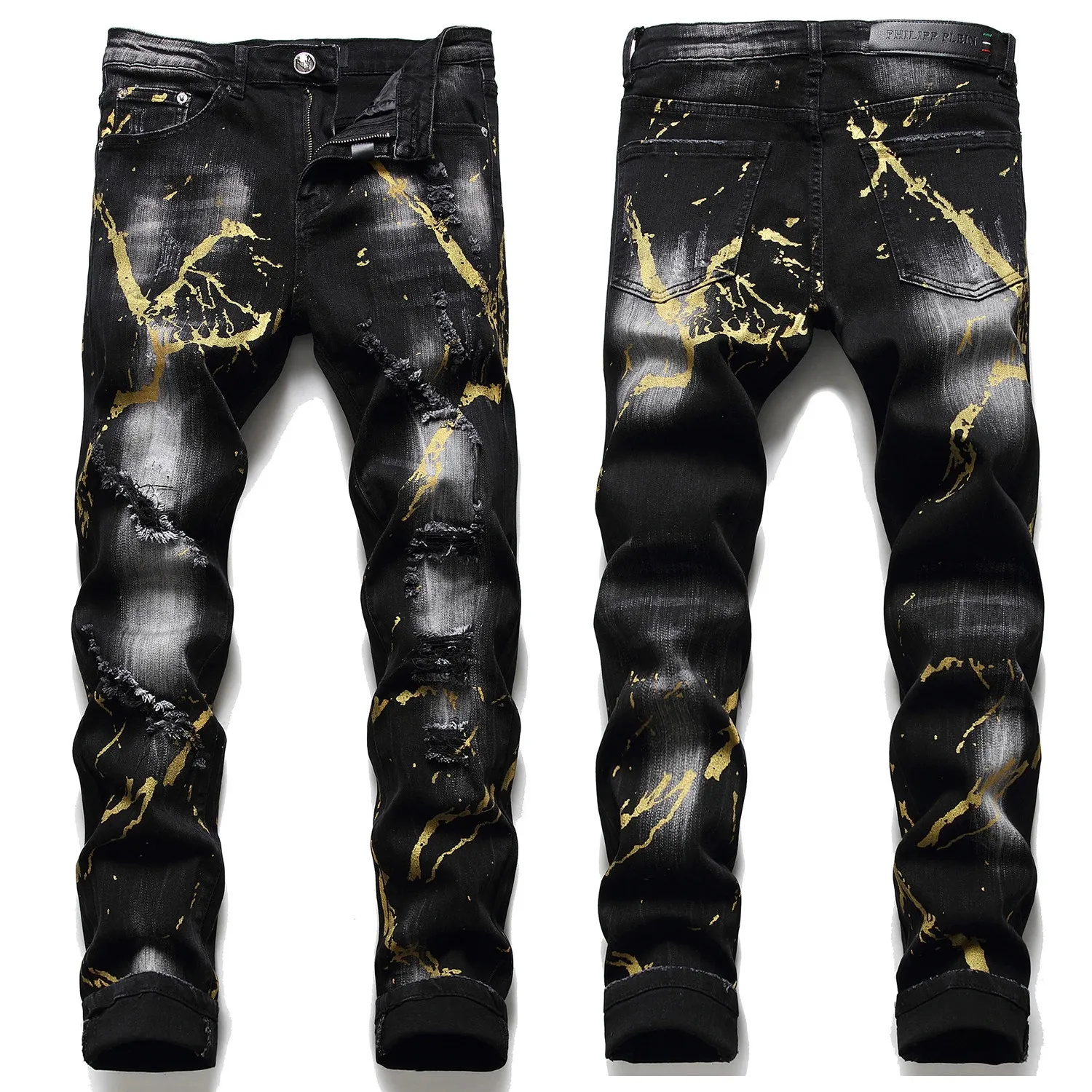 Light Luxury Men's Graffiti Prints Ripped JeansSlim-fit Scratches Black JeansWhite Wash Stretch Denim PantsCasual Jeans; 240106