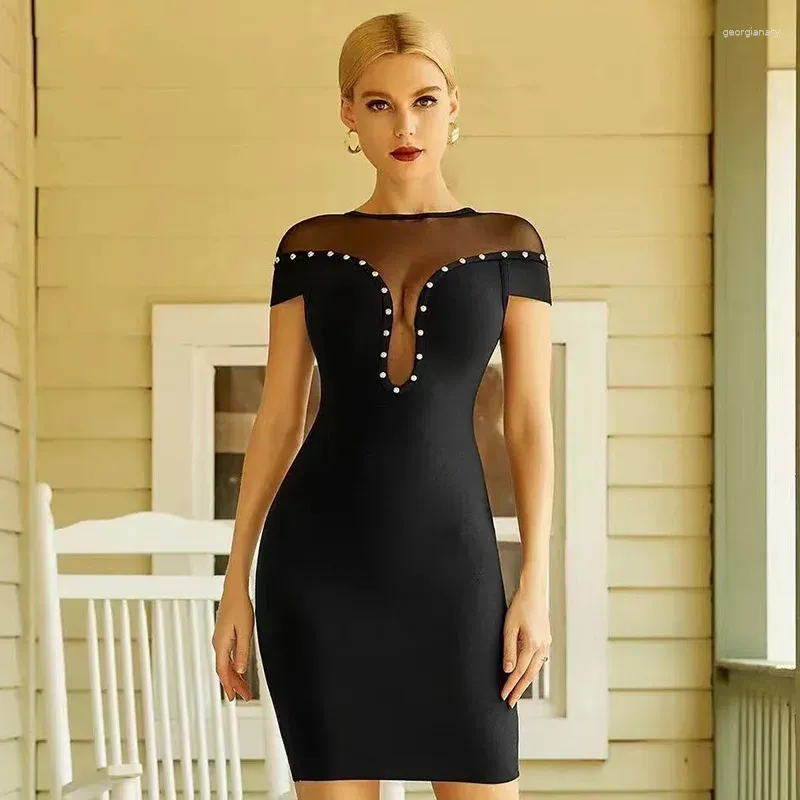 Skirts Bandage Dress Sexy Cutout See-through Beaded Super Short Sleeve Back Zipper Bag Hip Belt