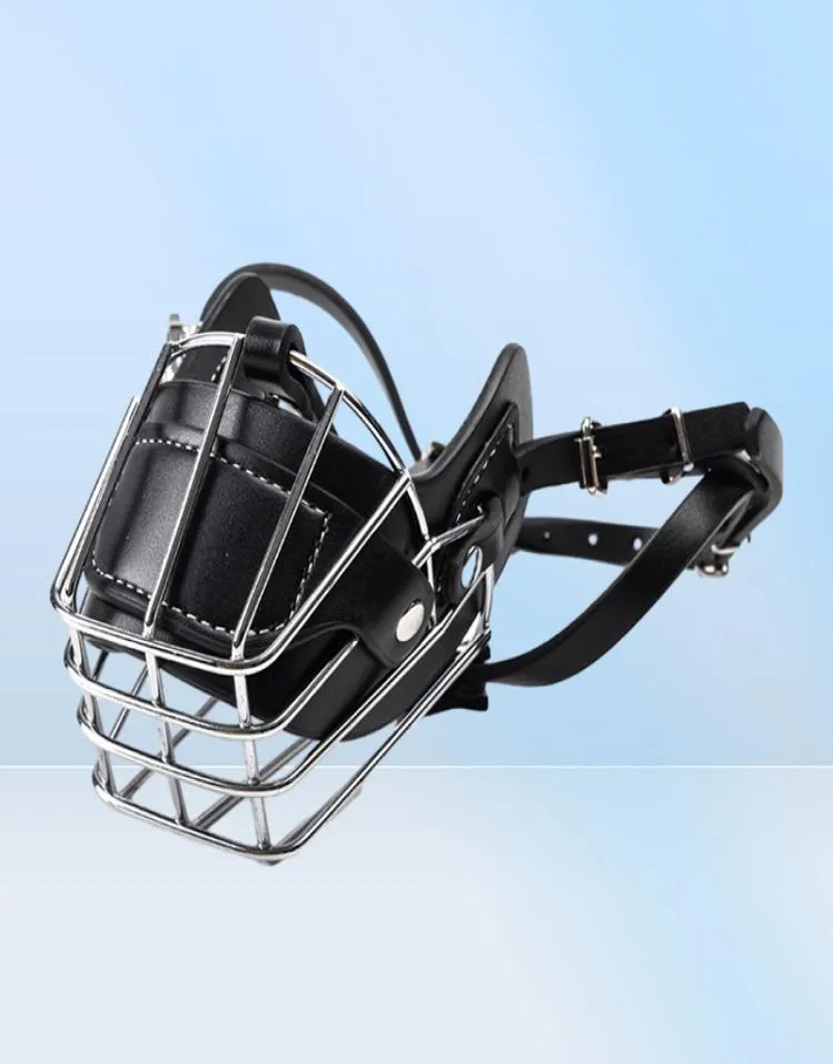 Preto Grande Médio Cão Focinho Metal Wire Basket Couro Antibite Máscaras Boca Capa Bark Mastigar Focinho Pet Máscara de Segurança Respirável 2016726530