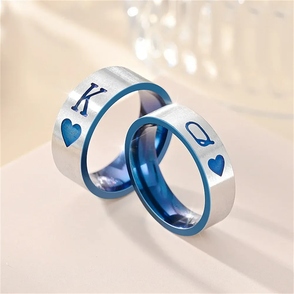 Bagues de Couple roi reine de couleur bleue, or blanc 14K, bague de promesse d'amour pour Couples amoureux, bijoux pour hommes et femmes