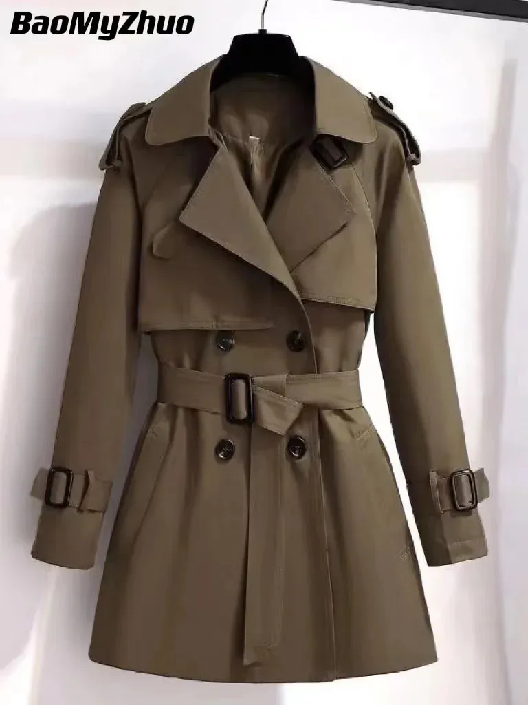 Outono inverno elegante feminino duplo breasted sólido trench coat 100% algodão vintage turn-down colarinho solto com cinto 240106