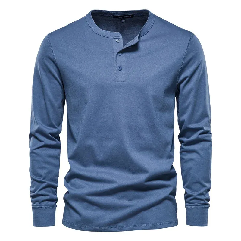 Aiopeson Henley Collar T Shirt Men Casual Solid Color Long Sleeve T Shirt For Men Autumn High Quality 100% Cotton Mens T Shirts 240106