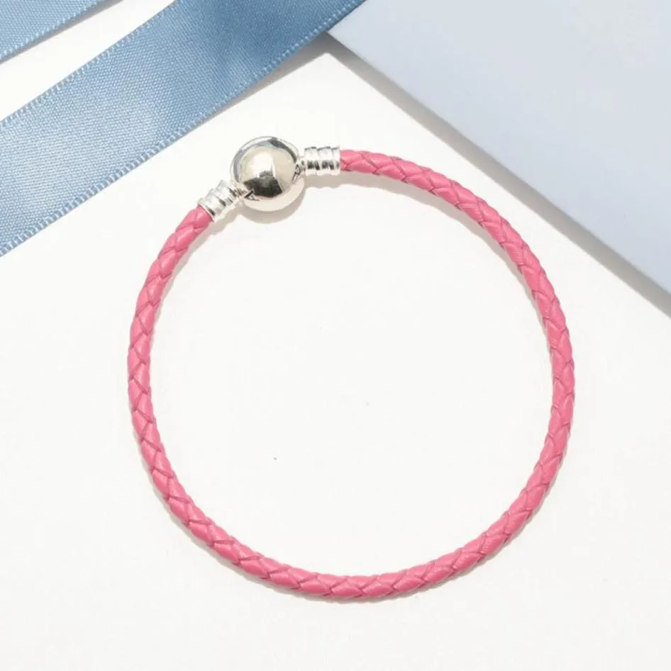 Bracciale con ciondoli in pelle intrecciata rosa Set di scatole originali per braccialetti di lusso in argento sterling 925 per donna, uomo, bambini5975033