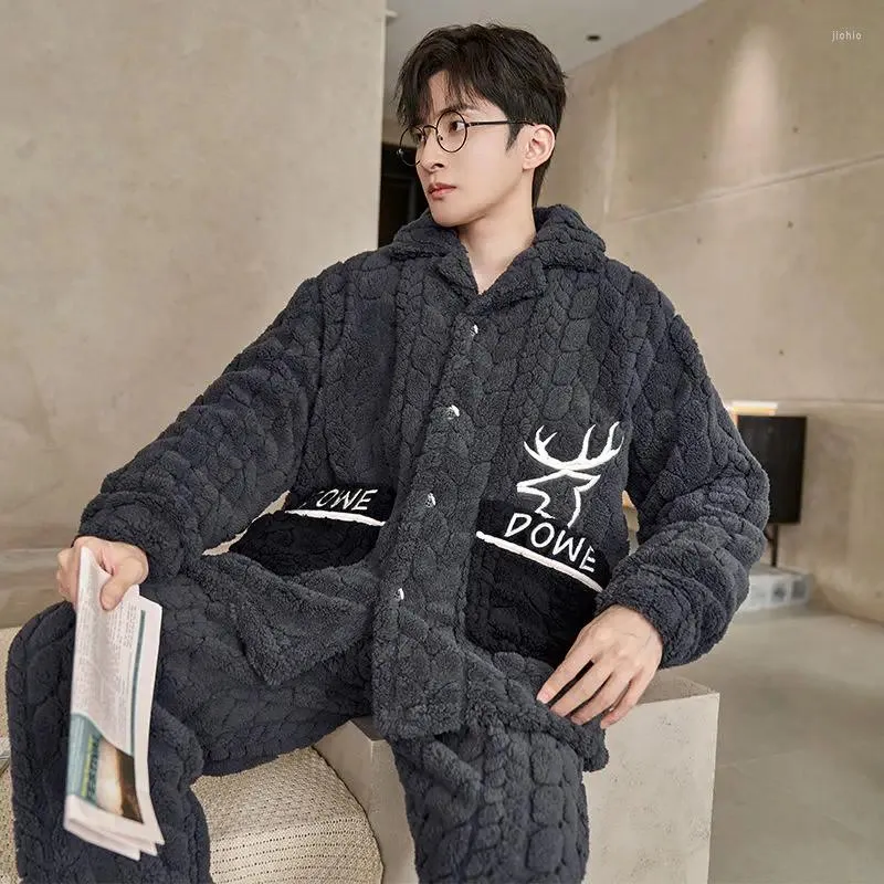 Men's Sleepwear 2024 Autumn Winter Men Pajama Coral Velvet Pyjamas Warm Cartoon Teen Heavy Fleece Nightdress Lapel Breasted Set